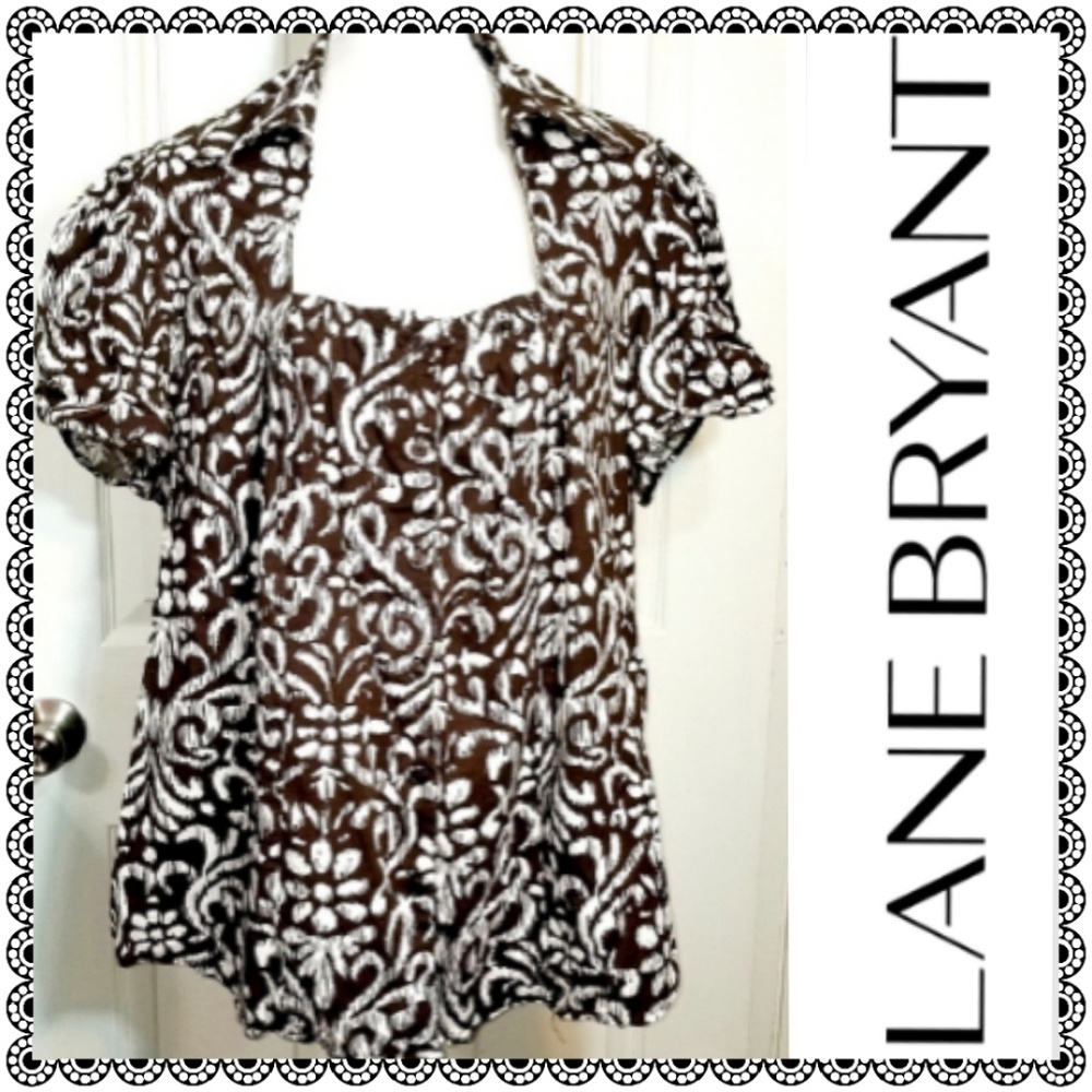 Lane Bryant Brown and White Button Down Short Sleeve Shirt